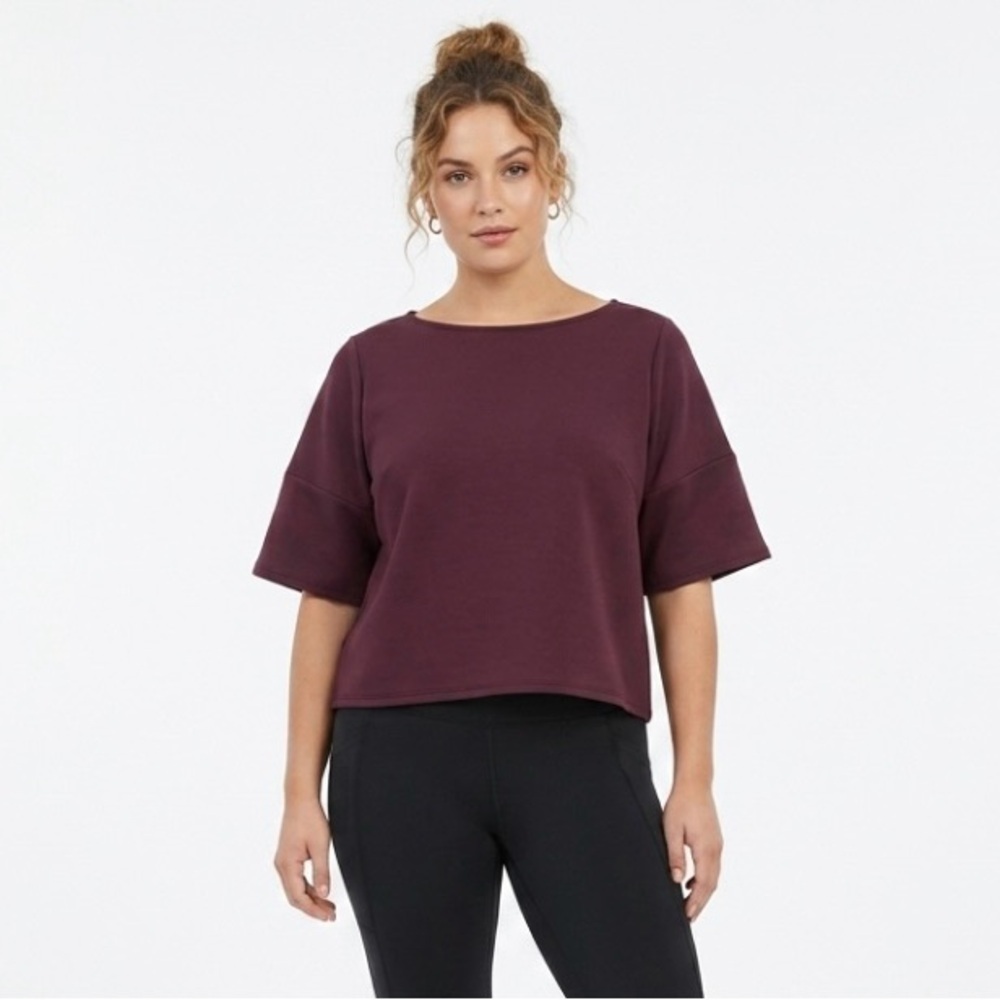SPANX AirEssentials Desk To Dinner Top XS Burgundy Short Sleeve Boxy Comfort